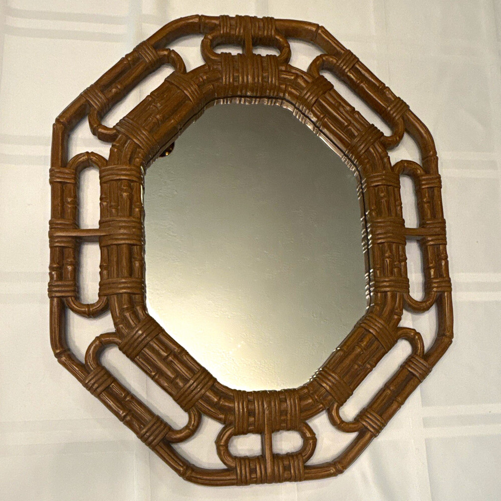 Homco 2147 Octagon Wall Mirror Faux Bamboo Framed Brown Plastic 14x17